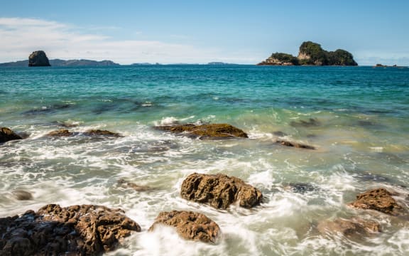 Waves of the Pacific Ocean break against jagged rocks on the shoreline of New Zealand. Off shore over the blue-green waters of the Pacific Ocean stand several small, rocky islands.