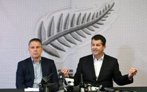 NZ Football President Deryck Shaw and chief executive Andy Martin during a NZ Football press conference over the Football Ferns head coach Andreas Heraf.