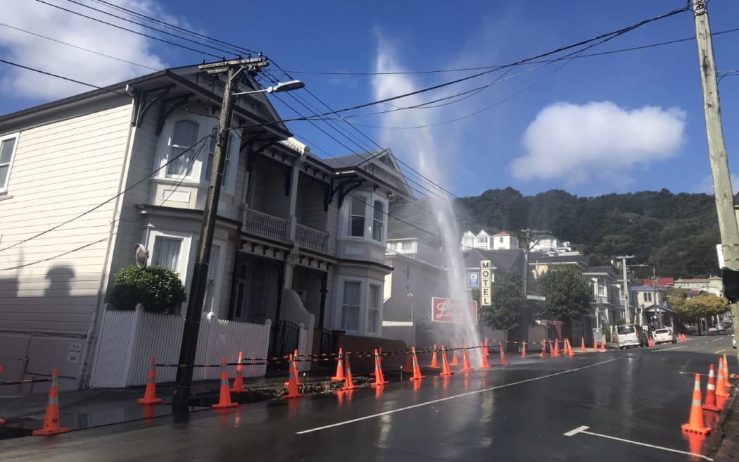 A burst pipe in Mount Victoria, Wellington, has been spraying water high in the air. 5/3/21