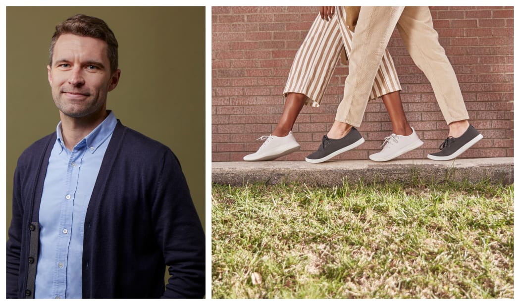 collage of Tim Brown next to a photo of Allbirds shoes