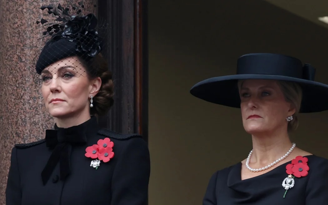 Catherine, Princess of Wales and Sophie, Duchess of Edinburgh view the National Service of Remembrance at the Cenotaph on Sunday in London.