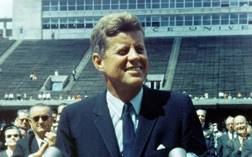 John F Kennedy, 35th President of the United States of America (1961-1963), speaking at Rice University Stadium on 12 September, 1962.
