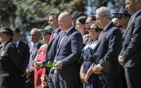 Prime Minister Christopher Luxon, centre, with ACT leader David Seymour, left and NZ First leader Winston Peters arrive at the Treaty Grounds at Waitangi on Monday 5 February 2024.