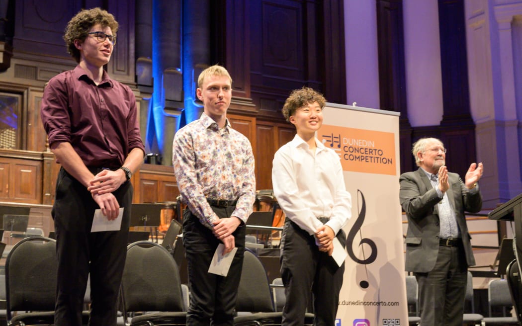 Dunedin Concerto Competition 2023: (left to right) Boudewijn Keenan (first place); Cameron Monteath (third place); Elio Oh (second place)