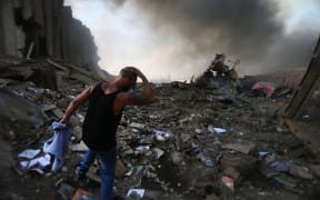 The scene of an explosion at the port in the Lebanese capital Beirut