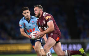 Kurt Capewell runs for the Queensland Maroons in their State of Origin game three match against the New South Wales Blues in Sydney, 9 July, 2025.  (AAP Image/Dan Himbrechts / Photosport)