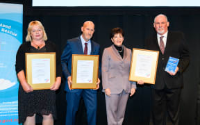 Gold Award winners Mandy Jackson, Joe Adam and Steve Orr with Dame Patsy Reddy.