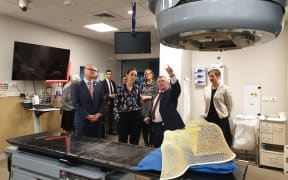 David Clark, Jacinda Ardern at cancer treatment announcement in Wellington alongside Dr David Hamilton, Head of radiotherapy at Wellington Hospital and Dr Claire Hardie, Radiation Oncologist at Palmertson North Hospital