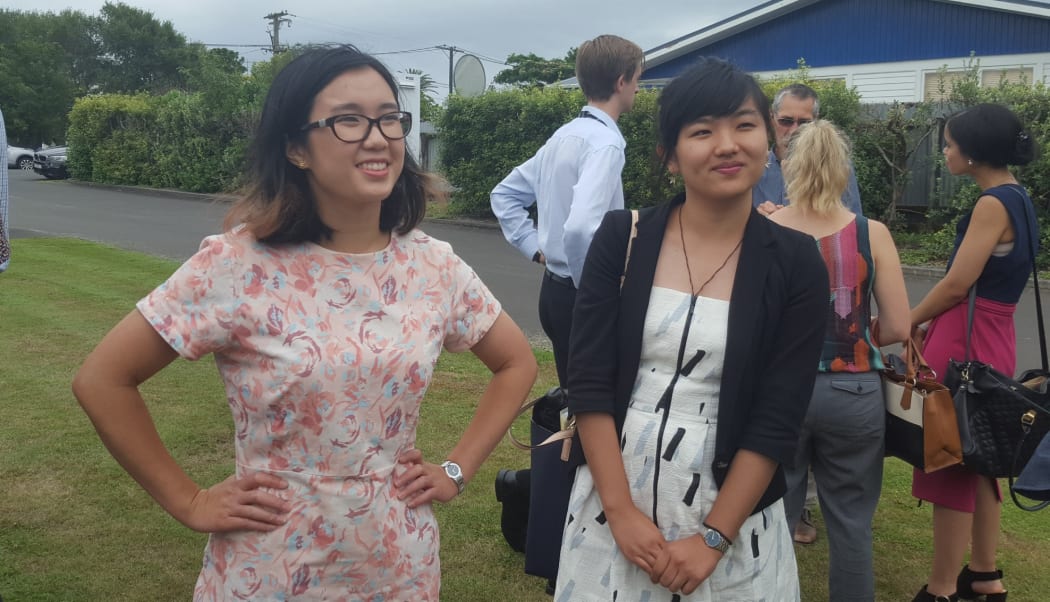 Fifth-year University of Auckland medical students Briana Wu and Maria Ji after the pōwhiri at Hawera Hospital.
