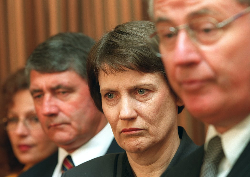 Jim Anderton, Helen Clark and Michael Cullen at coalition talks, parliament, November 30 1999