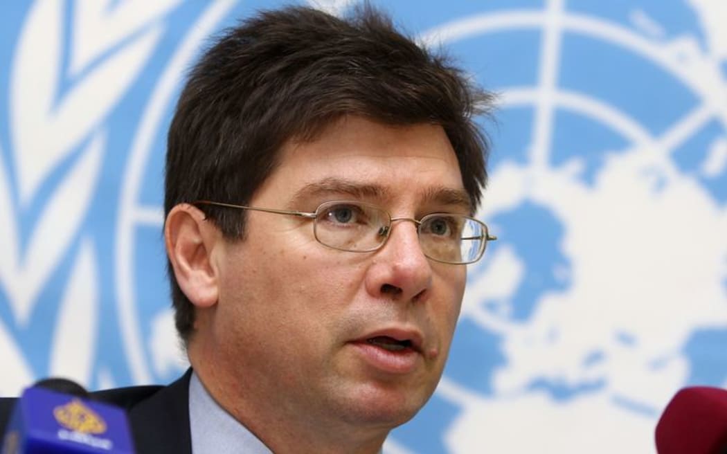 The United Nations Special Rapporteur on the human rights, Francois Crepeau attends a press conference in Doha in 2013