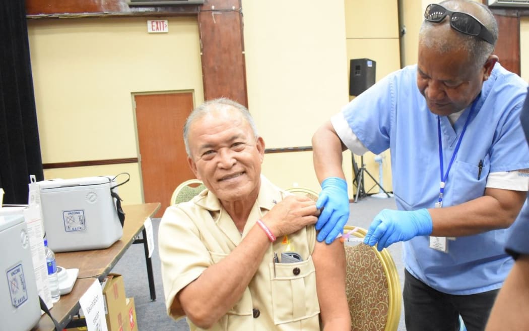 Marshall Islands President David Kabua received his Covid vaccine from Majuro hospital nurse Harry Harry in late january, becoming one of over 70 percent of adults living in Majuro to be vaccinated.