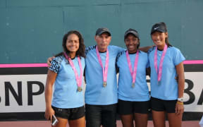 Steffi Carruthers, captain Gilles De Gouy, Abigail Tere-Apisah and Carol Lee celebrate promotion.