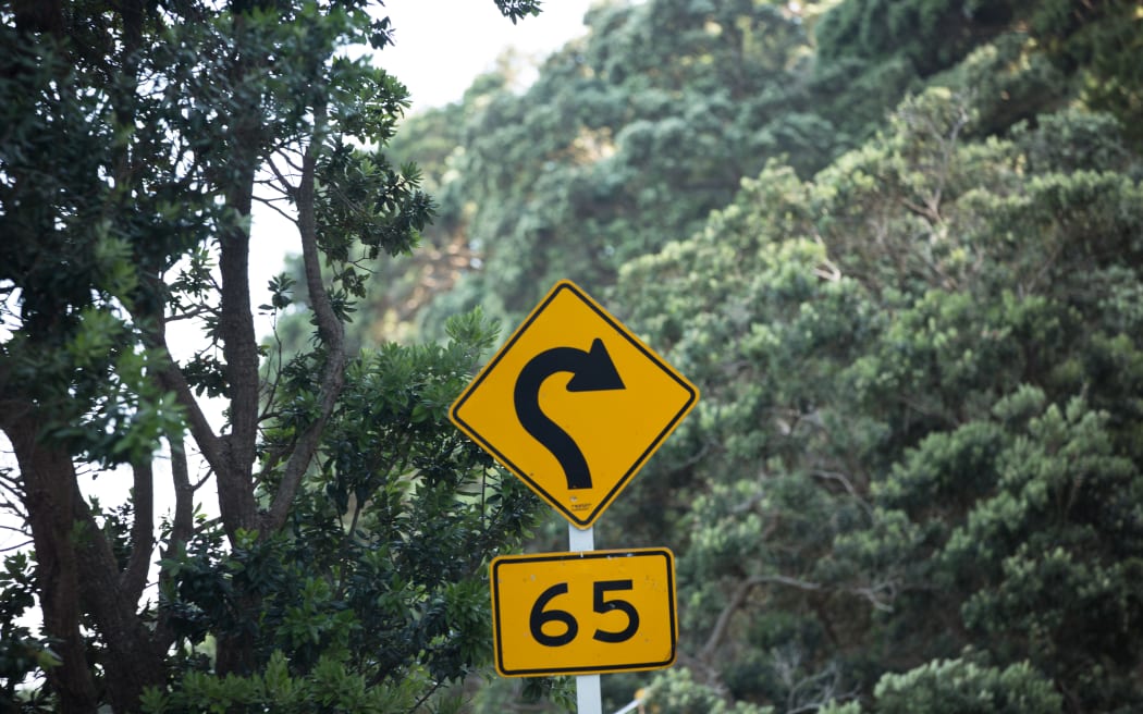 A road sign indicating a 65km speed around a tight corner on a rural road in the Coromandel.