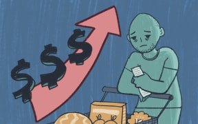 Illustration depicting shopper reflecting on rising grocery costs