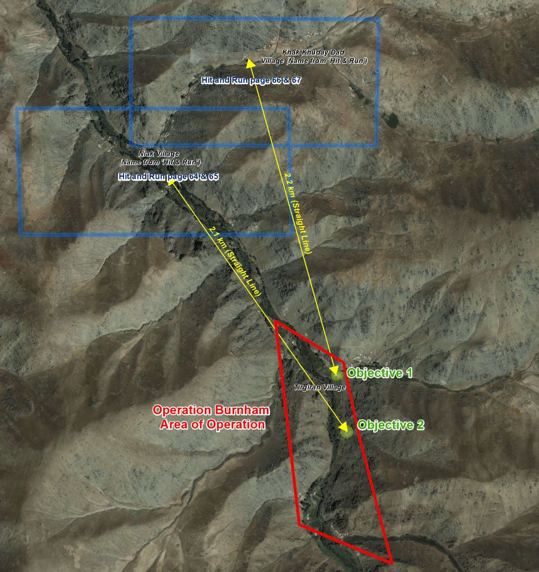 The NZDF issued this graphic of what it calls the alleged versus the actual operation area.