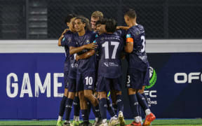 Auckland City FC's Myer Bevan celebrates his goal.
