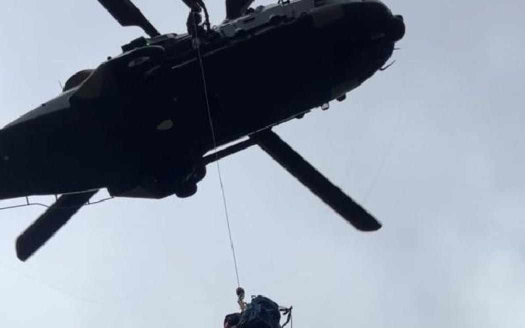 An Air Force NH90 helicopter helped winch the trampers off a ridgeline above waterfalls near Girdlestone, west of Masterton around 5pm.