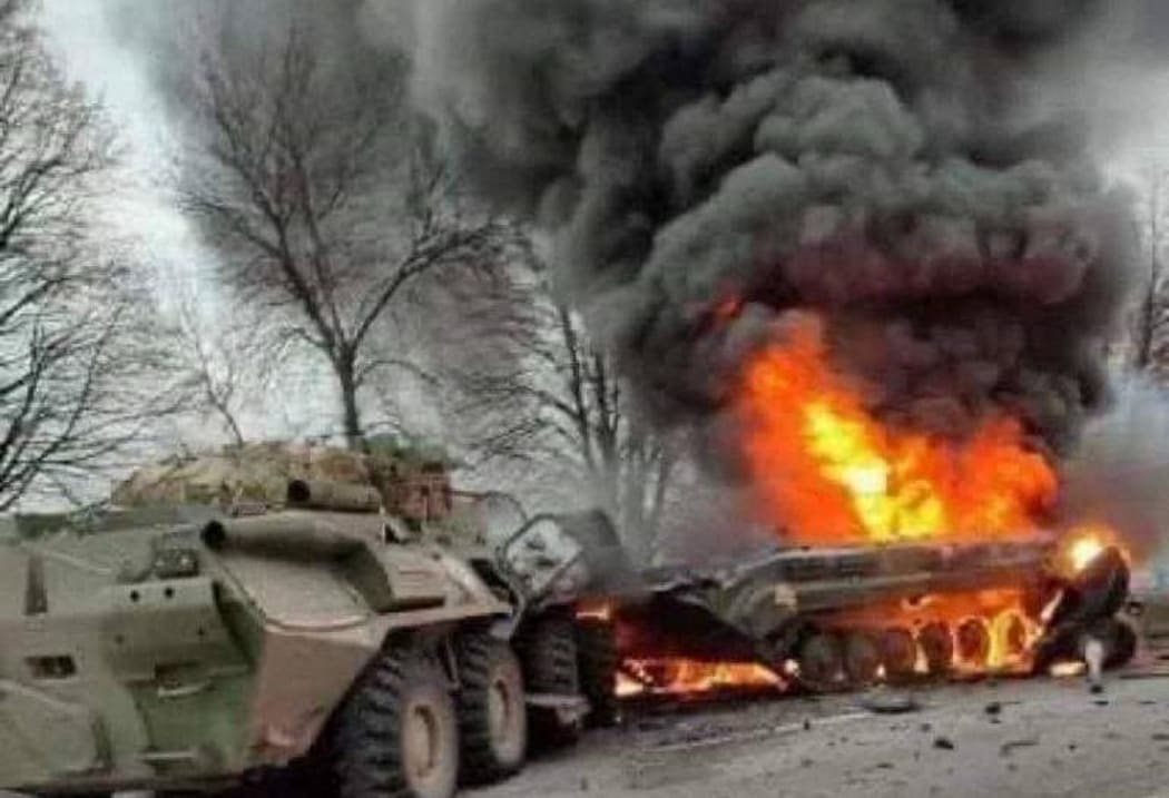 Image and footage released by Ukraine Ministry of Defense on Thursday Feb 24, 2022 allegedly shows a column of Russian 15 T-72 tanks are neutralized by the Javelin anti-aircraft missiles in the Glukhov area of Ukraine hours after Russia's invasion.