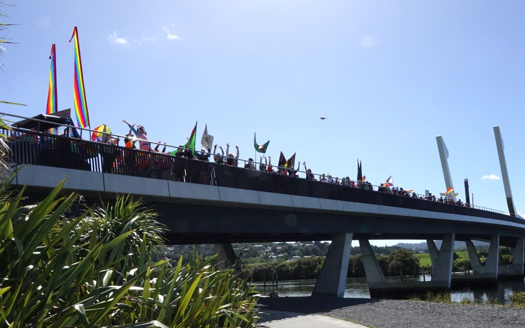 The Pride Parade crosses Whangārei’s Te Matau ā Pohe bridge.