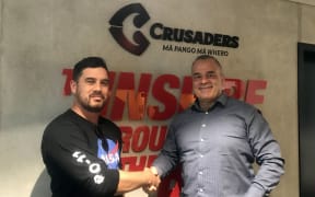 Rugby writer Jamie Wall with Crusaders chief executive Colin Mansbridge
