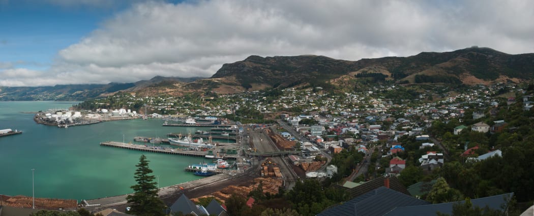 View to the west from the Timeball Station main tower, overlooking the inner harbour and township of Lyttelton, New Zealand, February 2010