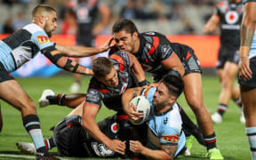 Shaun Johnson is tackled. Cronulla Sharks v Vodafone Warriors. NRL Rugby League, Netstrata Jubilee Stadium, Sydney, NSW, Australia, Sunday 13th September 2