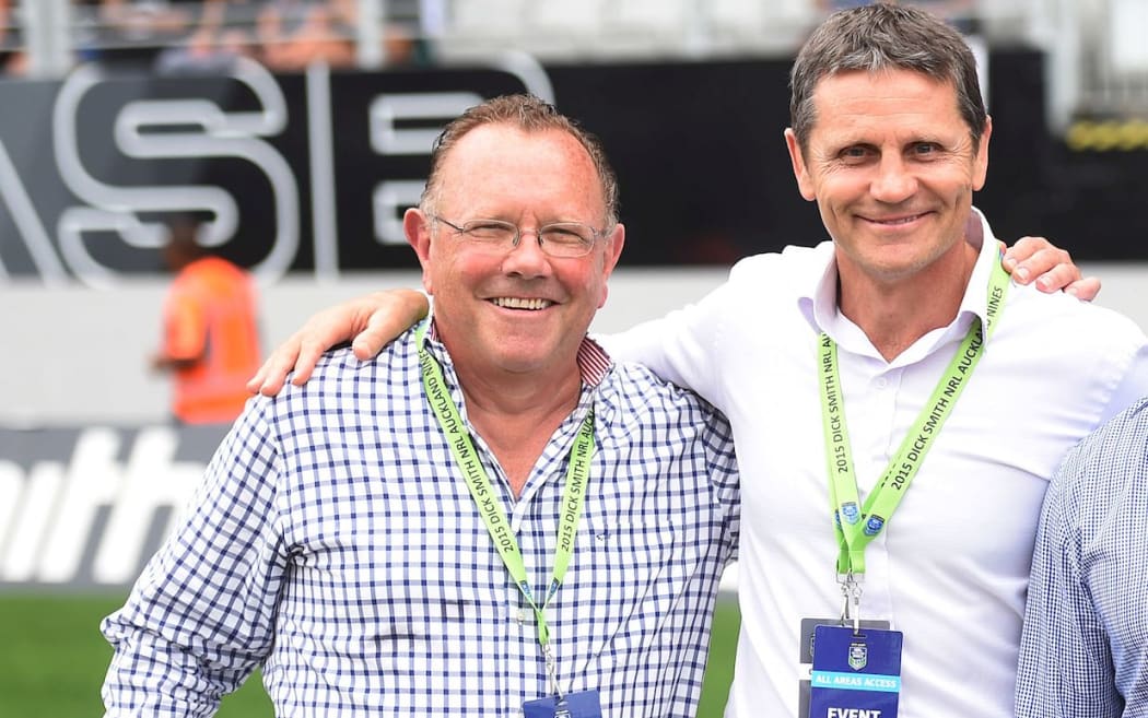 Warriors club chairman Bill Wavish, Tigers legend Wayne Pearce, on Day 2 of the NRL Auckland Nines Rugby League Tournament, Eden Park, Auckland,  1 February 2015. Copyright Photo: Andrew Cornaga/www.Photosport.co.nz