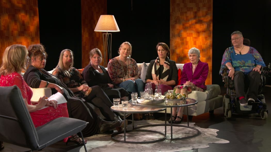 Alison Mau with Health panellists Phyllis Tangitu, Dr Julie Wharewera-Mika, Isis McKay, Rhona Stace, Dr Sasha Kljakovic, Dame Margaret Sparrow, Dr Huhana Hickey