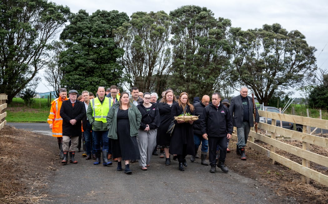 Te Kotahitanga o Te Atiawa Trustee and PRIP Director Shelley Kopu leads the procession for the laying of the Mauri stone for the blessing of the site for the New Plymouth Airport Solar Farm.