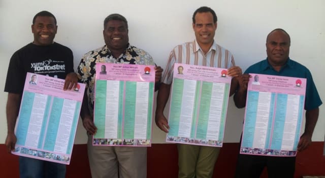 MPs in Vanuatu's Graon Mo Jastis Pati show their spending reports. From left: Alfred Maoh, Gillion Williams, Ralph Regenvanu, Daniel Nalet.