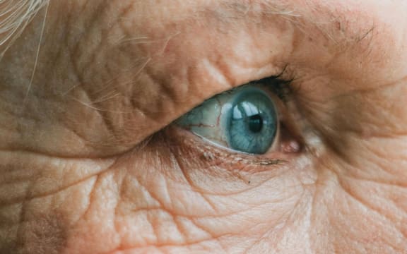 Close up of an elderly woman's blue eye