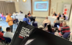 Launch of the ‘For Us, By Us, About Us’ 2023 Pacific Media Freedom Index by the Pacific Freedom Forum at the Pacific Islands News Association summit in Niue, pictured on Sept. 23, 2024.