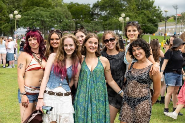 Beth Clearwater, Ella Deane, Olivia Railton, Olivia Hislav, Hannah Harmon, Bella Dasatron, Georgie Rooney and Charlie Spawn at Laneway Festival, Western Springs, on 5 February, 2026.