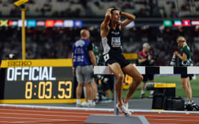 George Beamish crosses the line in fifth place in the 3000m steeplechase at the 2023 World Athletics Championships in Hungary.