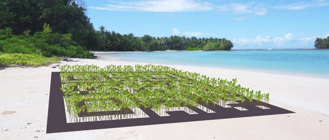 Artist's impression of proposed living artwork to be constructed in Tuvalu using mangrove plants arranged in the form of a giant QR barcode.