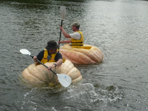 Sam Elton-Walters, left, and Tim Harris racing giant pumpkins on Turtle lake at the Hamilton Gardens.