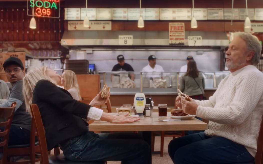 Meg Ryan and Billy Crystal, stars of the 1989 rom-com When Harry Met Sally, are pictured in a scene from their new Super Bowl ad for Hellmann's mayonnaise.