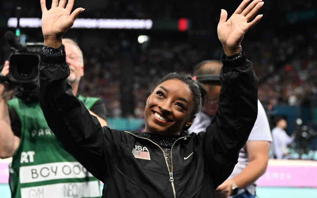 Simone BILES of United States appears to take part in artistic gymnastics women’s qualification at Bercy Arena in Paris, France on July 28, 2024.( The Yomiuri Shimbun ) (Photo by Kaname Muto / Yomiuri / The Yomiuri Shimbun via AFP)