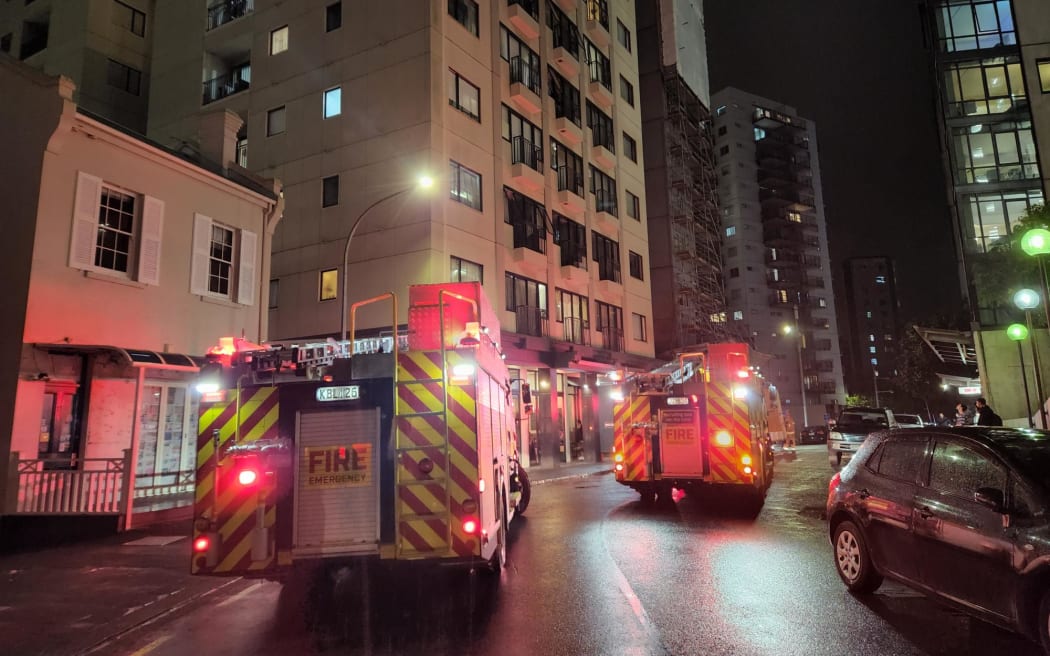 Fire crews attend a blaze in Auckland's CBD on 3 May 2023.