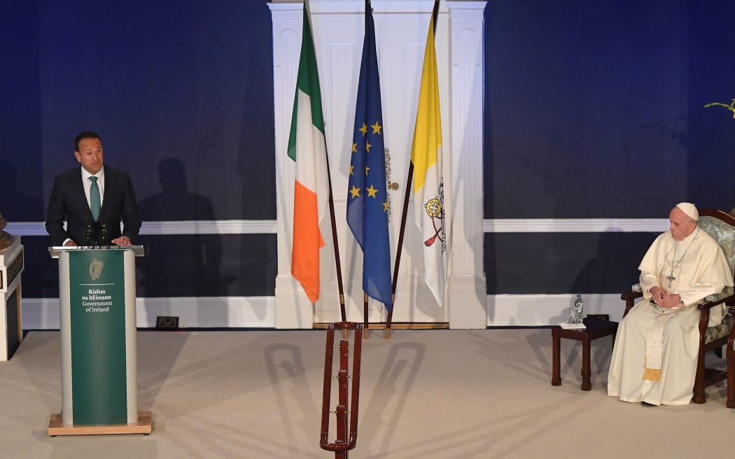 Ireland's Prime Minister Leo Varadkar speaks by Pope Francis in St Patricks Hall in Dublin Castle in Dublin.