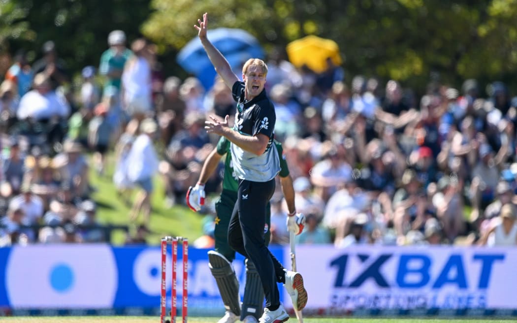 Black Caps bowler Kyle Jamieson appeals for a wicket during the first T20 against Pakistan at Hagley Oval, Christchurch, 16 March.
