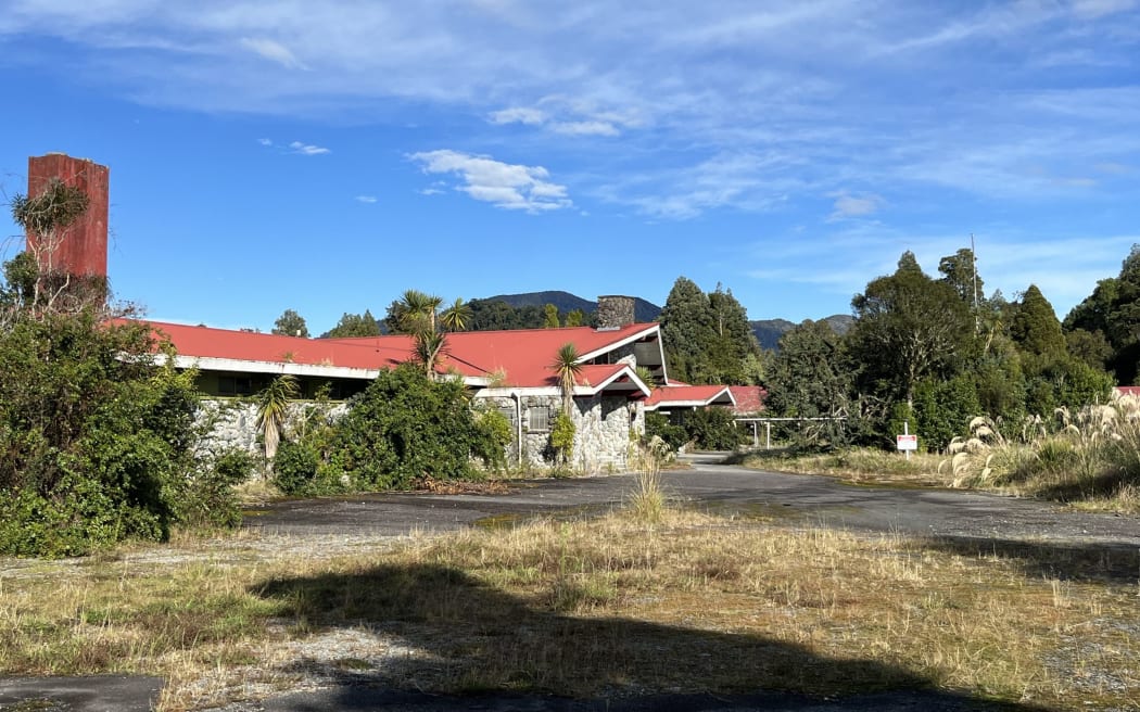 The front of the former Mueller Wing owned by Scenic Circle, now abandoned following the 2016 flood which broke through a protection bank from the Waiho River to the rear of the complex in a 'flash flood'.