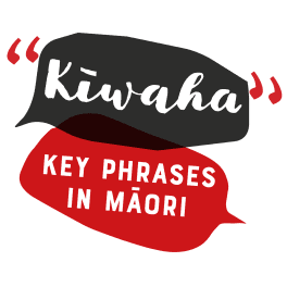 Text in speech bubbles reads “Kīwaha Key Phrases in Māori”.