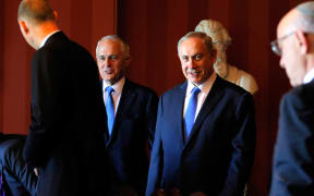 Australia's Prime Minister Malcolm Turnbull, second left, and his Israeli counterpart Benjamin Netanyahu arrive for their bilateral meeting at Admiralty House in Sydney on 22 February.