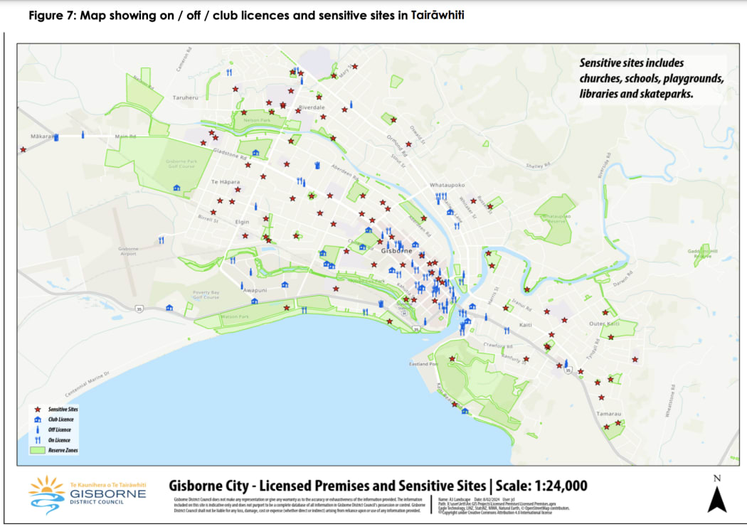 The infographic shows the number of licensed premises (in blue) with the number of sensitive sites (in red) within Gisborne’s CBD area.