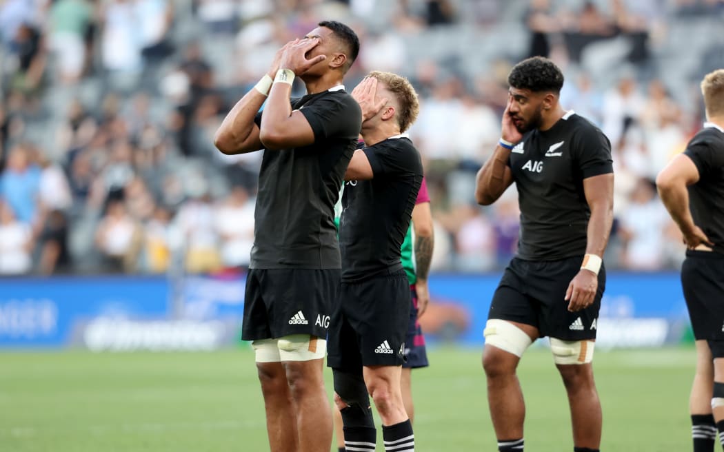 Tupou Vaa'i, Damian McKenzie and Ardie Savea after the loss to Argentina 2020.