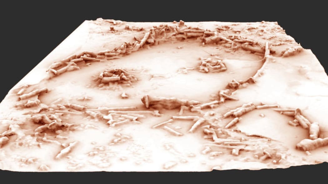 A 3-D rendering of the ancient structures.
