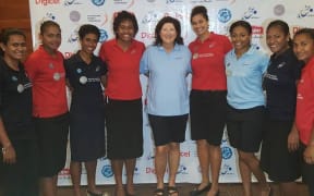 Fiji netball coach Vicki Wilson with some of her Pearls players.