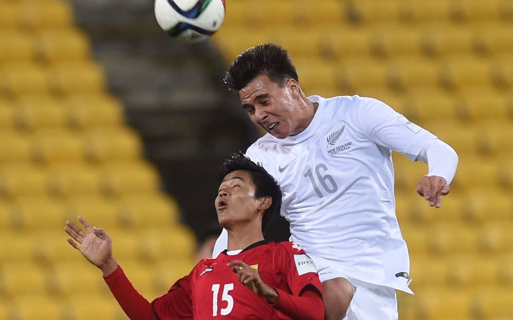 Junior All White Te Atawhai Hudson-Wihongi wins a header in the win over Myanmar.
